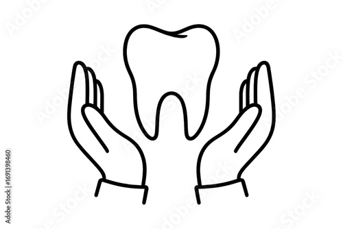 Dental care concept. Hands holding tooth. Oral health icon. Dentistry symbol. Tooth protection and insurance metaphor. Dentist clinic logo. Vector line art illustration.