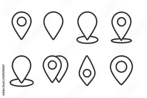 Map pin line icon set. Location marker and destination point collection. Minimal outline pictogram pack for GPS navigation. Vector symbols for web and graphic design.