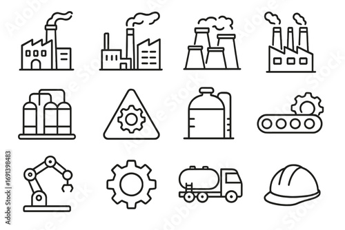 Industrial line icon set. Manufacturing, factory and production outline symbols. Vector icons for power plant, robotic arm, conveyor belt, tanker truck, and safety helmet.
