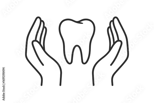 Dental care and protection concept. Hands holding a tooth. Vector line icon for dentistry, oral hygiene, stomatology, clinic logo, insurance, and medical healthcare.