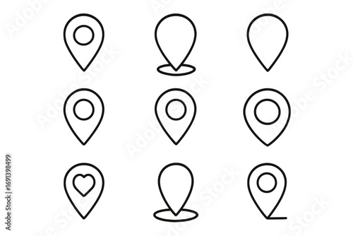 Map pin line icon collection. Location marker set for navigation and destination. GPS point symbol. Minimal vector pictogram for web design, UI, app, and travel graphics.