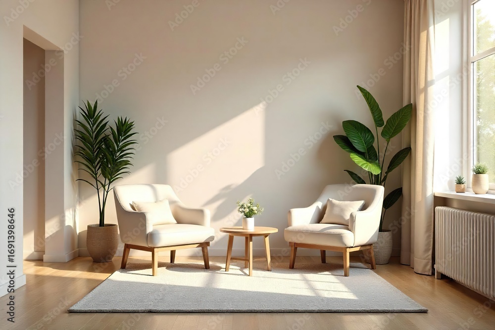 Fototapeta premium Serene mediation room with calming decor, neutral tones, comfortable seating, and natural light Ideal for conflict resolution, therapy, or peaceful reflection , interior design, yoga, peace