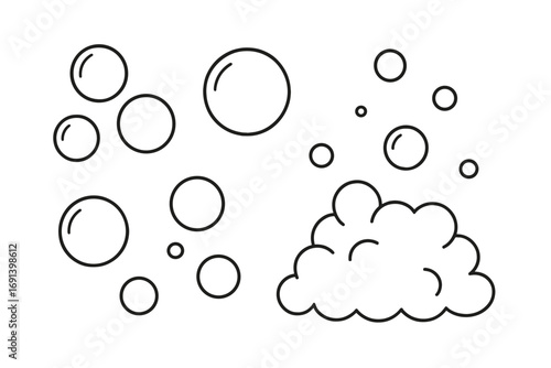 Soap bubbles and foam line icon set. Simple outline vector of bath suds, lather, shampoo. Fizzy drink, sparkling water, soda pop. Clean, wash, laundry concept illustration.