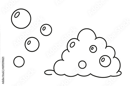 Soap foam and bubbles line art set. Simple vector outline illustration of suds and fizz. Concept for cleaning, washing, bath, or carbonated drinks. Doodle icon pack.