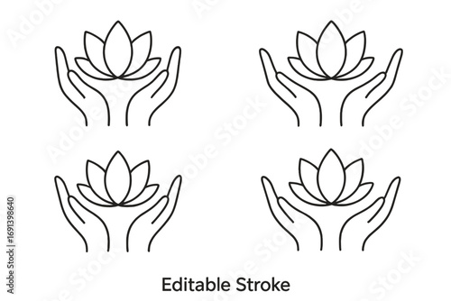 Hands holding lotus flower outline icon set. Concept of spa, yoga, wellness, beauty, and care. Linear logo for cosmetics, meditation, relaxation. Editable stroke vector symbol.