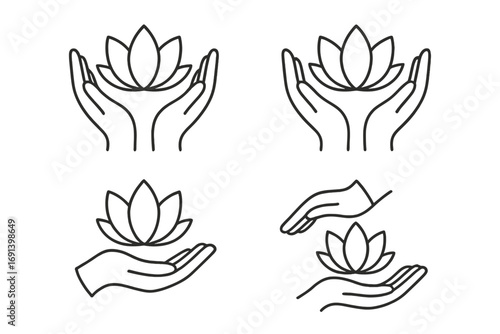 Lotus in hand icon set. Linear logo collection for yoga, spa, beauty salon. Concept of wellness, meditation, cosmetics, skincare. Simple outline symbol. Editable stroke vector.