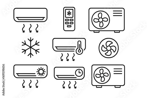 Air conditioner line icon set. AC cooling, heating, ventilation symbols. Climate control, fan, remote, temperature pictograms. Outline vector signs for web and app design.