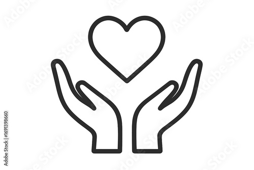 Hands holding a heart outline icon. Vector symbol of love, care, charity, and donation. Concept for help, support, hope, and volunteering. Health and life insurance sign.