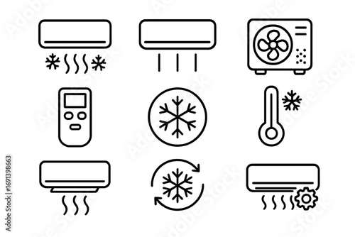 Air conditioner line icon set. Cooling, heating and ventilation pictograms. Climate control, temperature, fan and remote symbols for web design, apps. Vector HVAC outline signs.