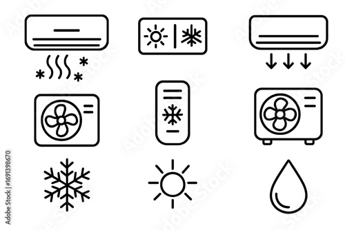 Air conditioner line icon set. HVAC, cooling, heating, and ventilation symbols. Climate control pictograms for web design and apps. Vector illustration of AC unit and fan.