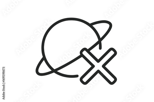 No internet connection icon. Disconnected. Offline symbol. Planet with cross mark. Network error pictogram. Lost connection. 404 error. Page not found. Global access denied.