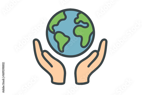 Caring hands holding planet Earth. Save the world concept. Global conservation and ecology metaphor. Environmental protection and sustainability icon. Earth Day symbol. Globe care vector.