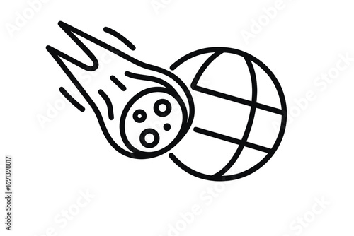 Meteor impact threat to planet Earth. Asteroid collision course. Comet Armageddon. Apocalypse concept. Global disaster warning sign. Danger from space. Extinction event icon.