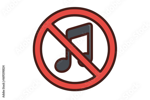 No music sign vector icon. Music forbidden symbol. Quiet zone, no loud sound or noise concept. Prohibition, warning, restricted area illustration. Stop audio symbol.