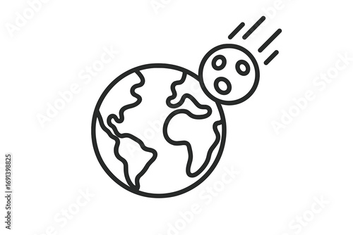 Asteroid collision with Earth icon. Meteor impact danger concept. Planet disaster, apocalypse, end of world symbol. Cartoon space threat. Extinction event line art vector.