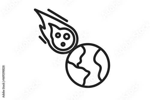 Meteor asteroid impact on planet earth. Vector line icon of a comet hitting the globe. Symbol of apocalypse, doomsday, disaster and extinction. Armageddon space danger sign.