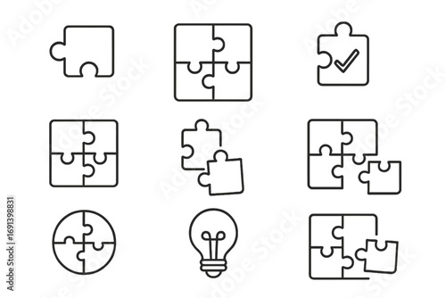 Puzzle line icon set. Jigsaw piece collection for problem solving, strategy, and creative idea. Metaphor for teamwork, connection, business partnership, and success.