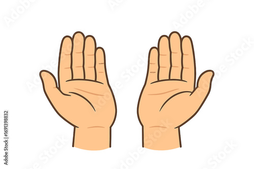 Praying hands concept of charity and religion. Two open palms for dua or prayer. Asking for help, support, or donation. Empty hands begging. Vector cartoon illustration.