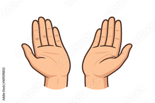 Two open hands praying gesture. Cartoon vector for charity, donation, and religion. Islamic prayer or christian worship concept. Receiving, begging, or asking for help symbol.
