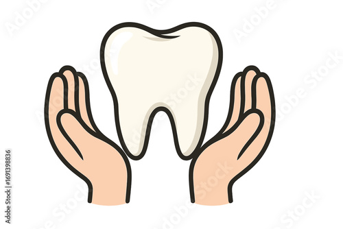 Hands holding a healthy tooth. Dental care, protection, and insurance concept. Oral health and hygiene. Vector cartoon icon for dentistry, stomatology, or clinic logo.