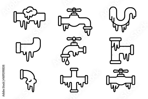 Frozen pipes line icon set. Plumbing problems vector collection. Winter water system damage signs. Cold weather burst pipe, frozen faucet, and pipeline with icicles symbols.