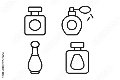 Perfume icon set vector linear style. Fragrance bottle collection with atomizer. Outline simple pictogram for cosmetics, beauty, aroma, glamour, spray and fashion design.