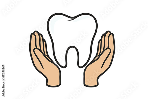 Dental care and protection concept with hands holding a tooth. Vector logo for dentistry, stomatology clinic. Oral health and hygiene symbol. Teeth insurance and treatment icon.