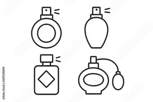 Perfume bottle line icon set for beauty and fashion. Vector illustration of fragrance spray container. Cosmetic product symbol. Scent, aroma, and glamour outline graphic.