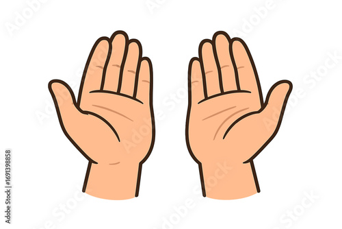 Two open hands praying, concept of Islamic dua or Christian worship. Symbol for asking, begging for charity, help, or receiving. Religious faith vector icon illustration.