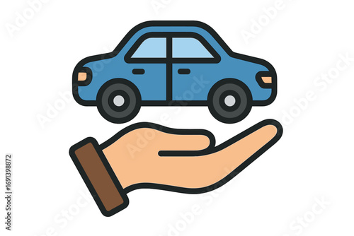 Car insurance concept. Hand holding auto symbol. Vehicle protection and safety icon. Automobile care and service sign. Metaphor for car rental, sales or transport business.