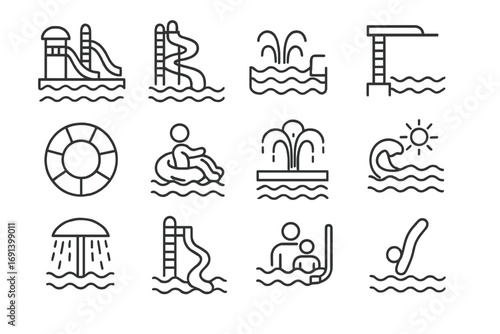 Water park and aquapark line icon set. Summer vacation and swimming pool outline symbols. Vector graphic for water activities, slides, diving, floating and fun recreation.