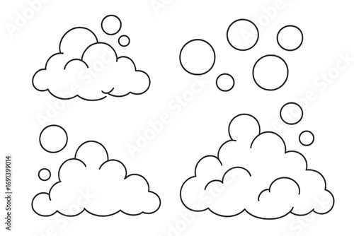 Set of soap foam and bubbles line icons. Vector illustration of suds, lather, and fizz. Graphic elements for cleaning, washing, shampoo, or carbonated drinks concepts.