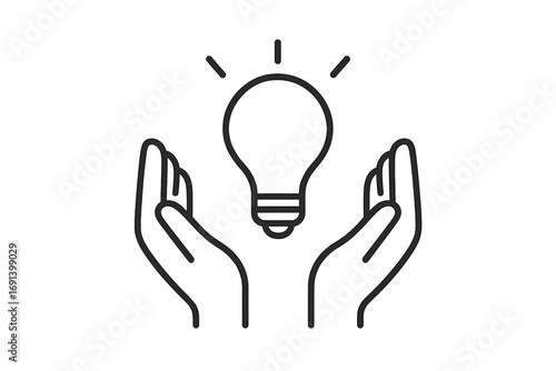 Hands holding light bulb line icon. Concept of new idea, innovation, creativity, and solution. Metaphor for inspiration, knowledge, and thinking. Protecting intellectual property.