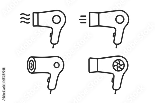 Hair dryer line icon set. Blow dryer vector illustration. Hair styling tool symbol. Hairdresser, salon, barber equipment, beauty care concept. Electrical appliance pictogram.