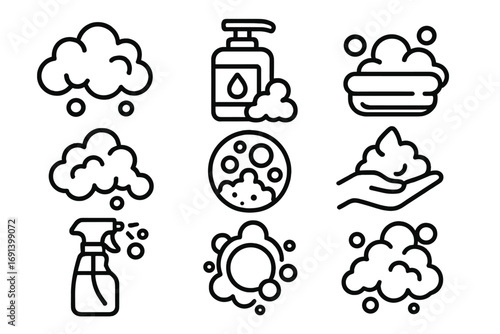 Foam and soap bubbles outline icon set. Lather, washing hands, cleaning, and hygiene concept. Vector line art of dispenser, spray, and bar soap for web and app design.