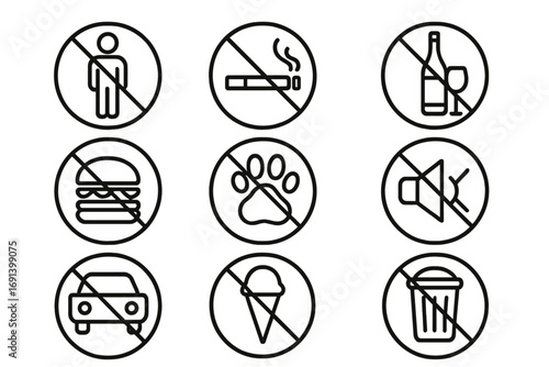 Forbidden line icon pack. Prohibition signs vector set. No smoking, food, alcohol, pets, sound, cars. Outline pictogram for web, ui, ux, warning, public rules.