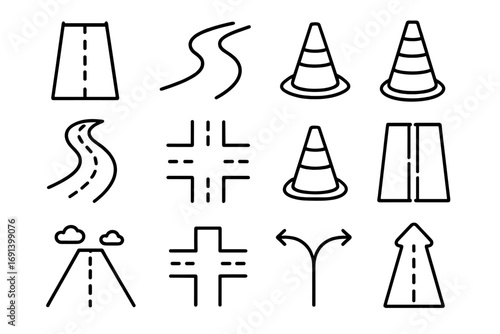Road line icon set. Highway, street, and traffic cone symbols. Navigation, journey, and route signs. Vector collection of winding road, intersection, and junction icons.