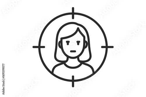 Target audience icon. Woman in crosshairs for customer marketing, focus, and headhunting. Symbol for sexism, discrimination, gender inequality, harassment, and violence.