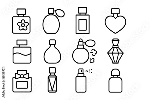 Perfume line icon set. Fragrance bottle and cologne spray vector collection. Minimalist pictogram for beauty, cosmetic and aroma concepts. Linear flacon and atomizer symbols.
