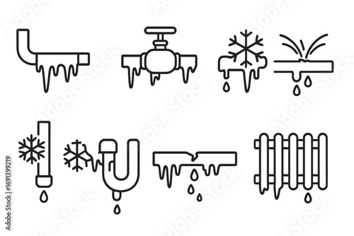 Frozen pipes icon set. Winter plumbing problems collection. Burst pipe, water leak, and ice damage line icons. Radiator, valve, and pipeline freezing vector symbols.