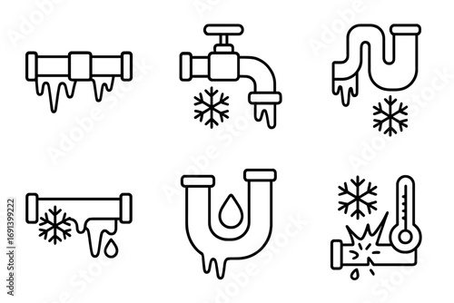 Frozen pipes line icon collection. Winter plumbing problems concept. Burst pipe, ice damage, cold temperature, water leak, and emergency repair symbols. Vector icons.