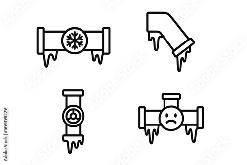 Frozen pipes line icon collection. Winter plumbing problems concept. Burst pipe, ice damage, heating emergency, cold weather vector symbols for web, apps and graphic design.