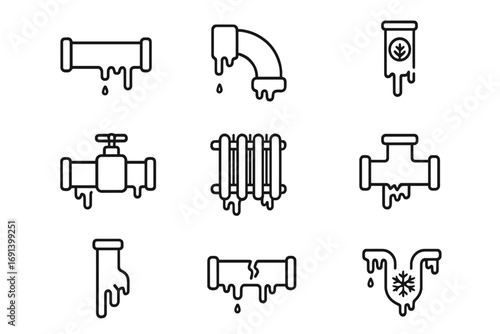 Frozen pipe and heating problem line icon set. Outline vector illustrations of burst pipes, ice damage, cold radiator, and water leak. Plumbing winter emergency symbols.