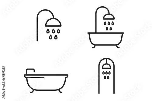Shower and bathtub thin line icon set. Bathroom hygiene and plumbing outline signs for web and graphic design. Vector elements for apps, ads, pictograms, and infographics.