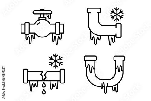 Frozen burst pipe thin line icon set. Plumbing winter problems vector icons. Water pipe damage, leak, cold weather emergency, frozen valve, frost and icicles collection.
