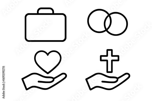 Work life balance icon set. Briefcase for career, wedding rings for marriage, hand with heart for love and charity, cross for faith. Line art vector symbols for life choices.