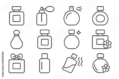 Perfume outline icon set. Fragrance and cologne bottle collection. Linear pictograms for web and graphic design. Scent, aroma, beauty cosmetic spray vector symbols.