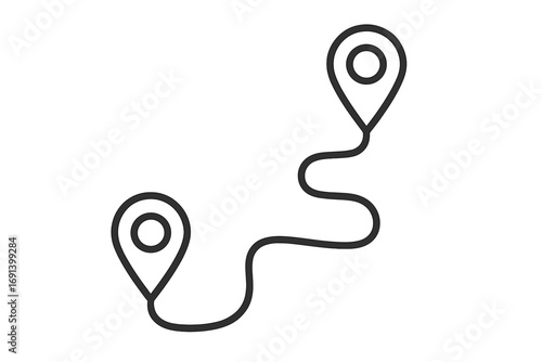 Minimalistic route map pins with winding road line icon, modern vector illustration for web design, apps, banners, social networks, and digital cards, thin line style