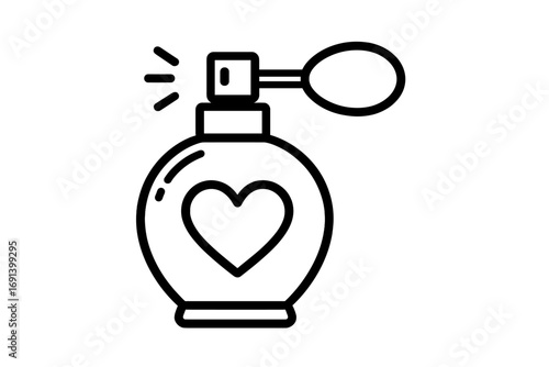 Elegant perfume bottle line icon with heart shape, vintage atomizer spray, transparent background, vector cartoon illustration for web, apps, cards, beauty design