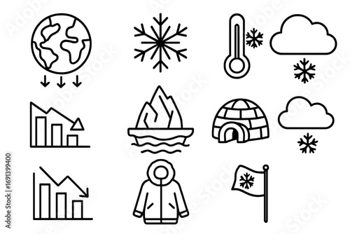 Global cooling vector icon set. Ice age concept with winter symbols. Outline illustration for infographics. Planet earth, snowflake, iceberg, thermometer, igloo line icons.